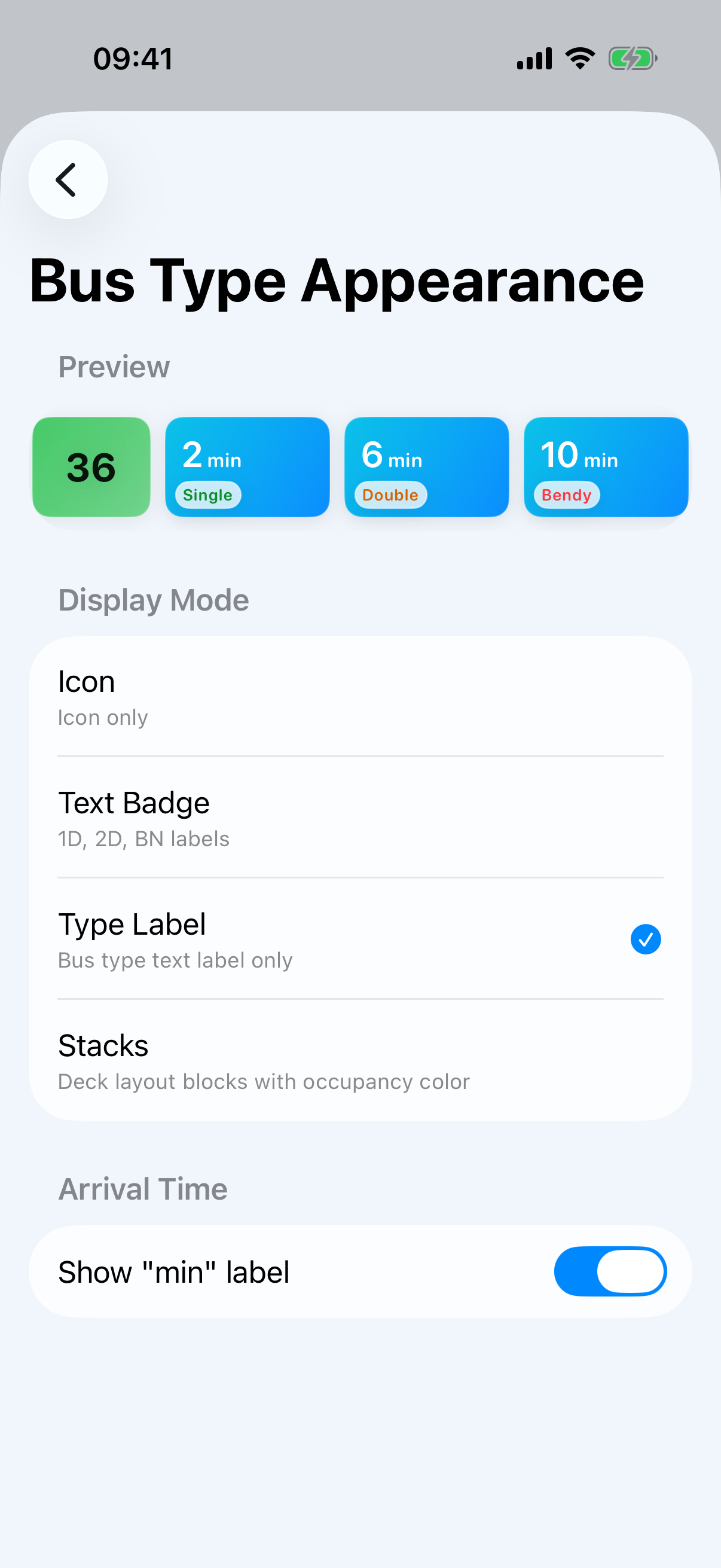 Bus Type Appearance screen with preview, four display modes, and minute-label toggle