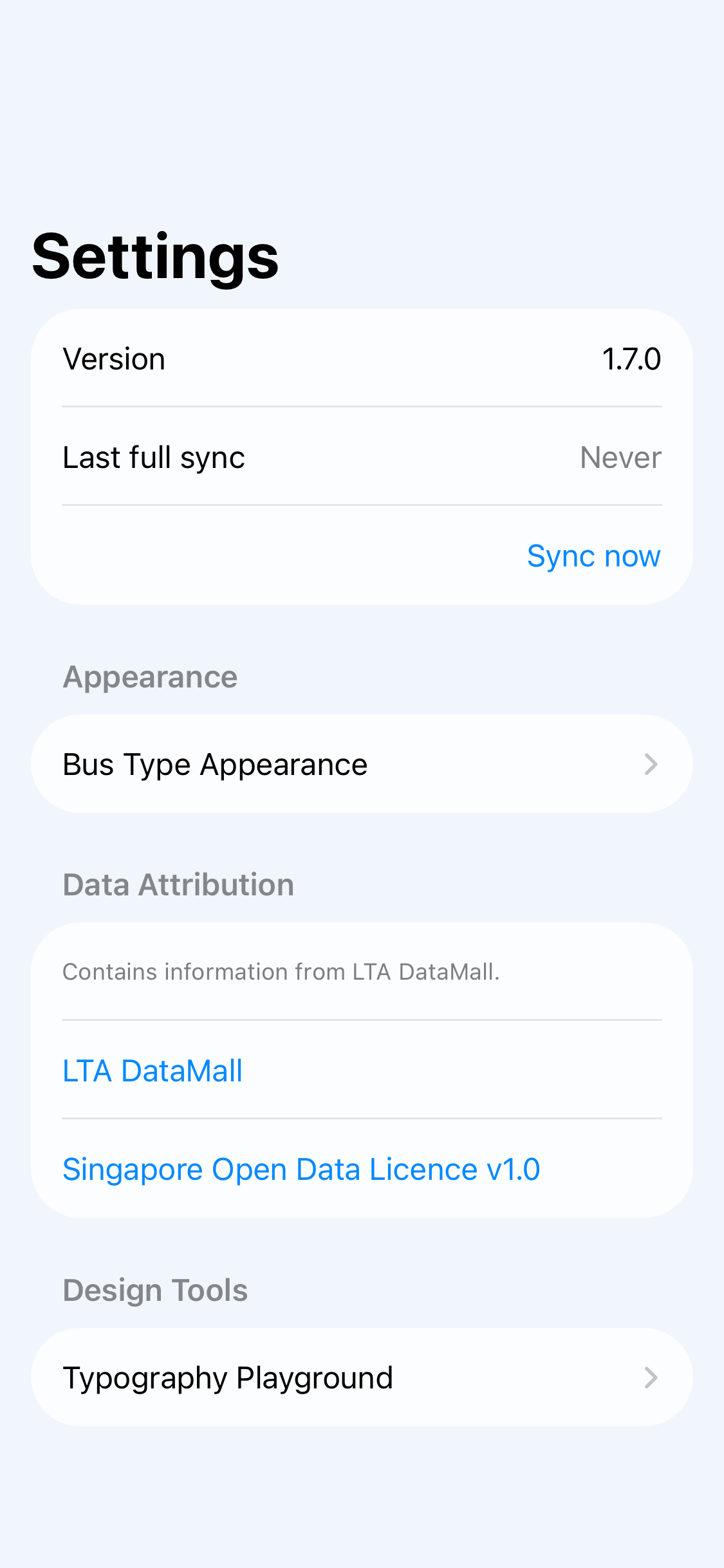 Bus Atas SG Settings screen showing the Bus Type Appearance option