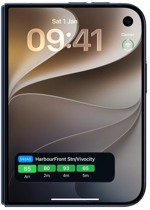 Closed iPhone Duo Lock Screen showing a Bus Atas Live Activity for HarbourFront Stn and Vivocity