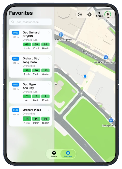 Unfolded portrait iPhone Duo showing favorite Orchard Road bus stops and arrival estimates beside a map