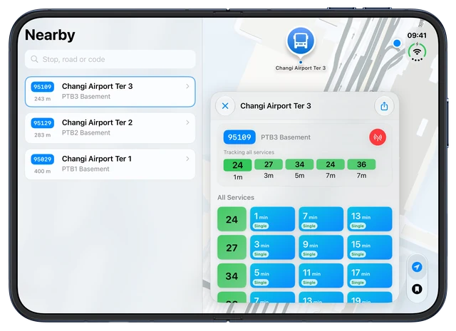 Unfolded iPhone Duo with nearby airport stops, a map, and bus arrival estimates for Changi Airport Terminal 3