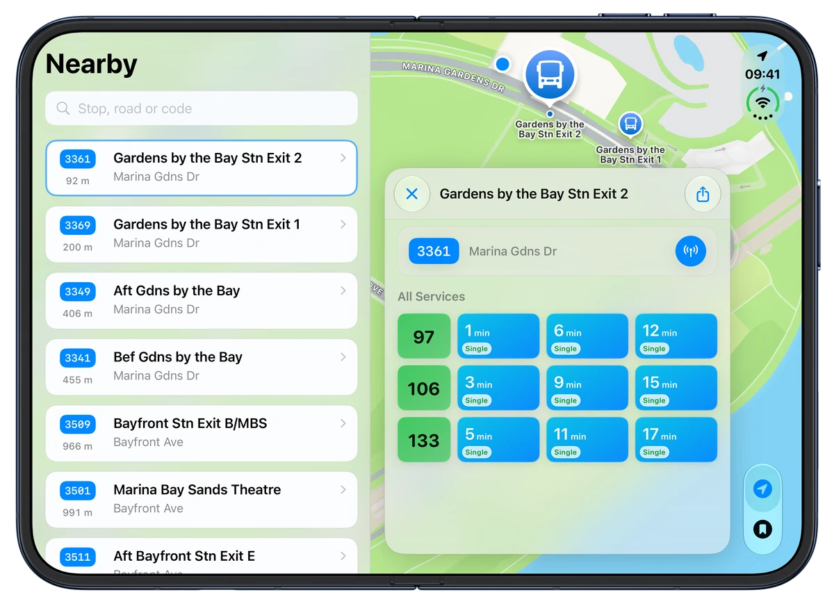Unfolded iPhone Duo in landscape showing nearby bus stops on the left, a map, and arrival estimates for Gardens by the Bay Stn Exit 2