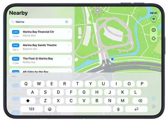 Search for Marina bus stops on unfolded iPhone Duo, with matching stops, map and keyboard visible