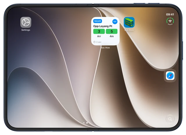 Bus Atas favorite-stop widget showing bus arrival estimates on the unfolded iPhone Duo Home Screen